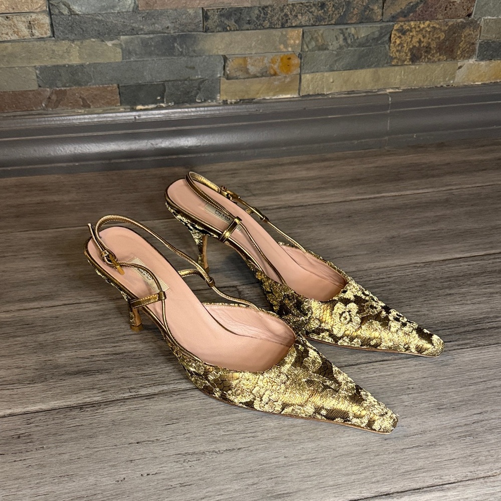 Prada Vintage Gold Floral Slingback Heels